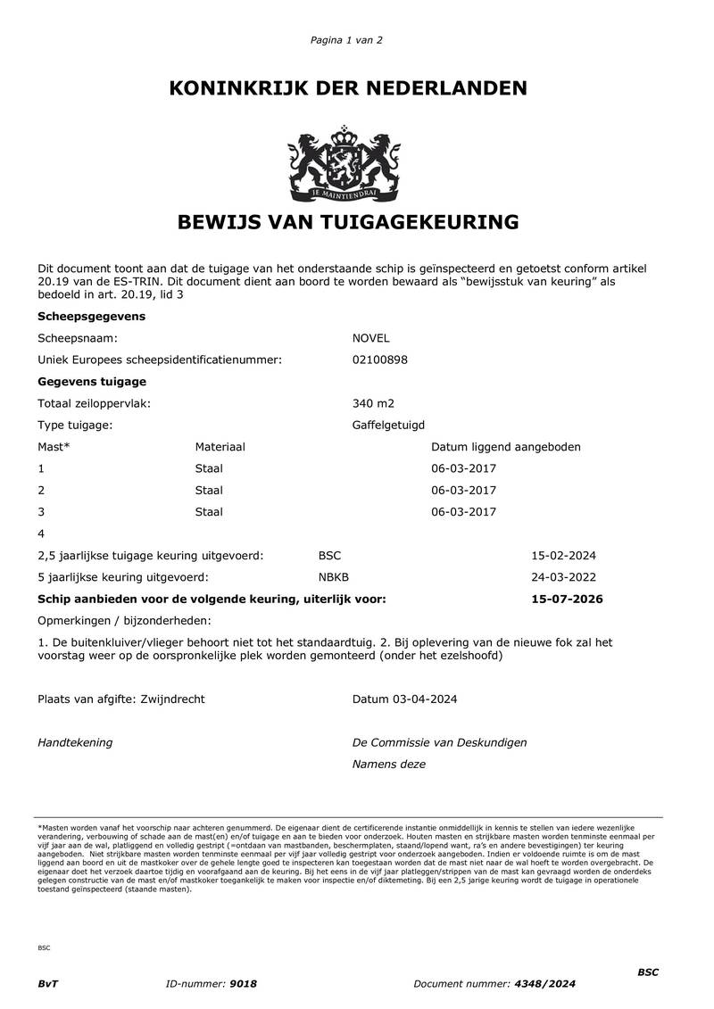 Novel - Mast en tuig certificaat