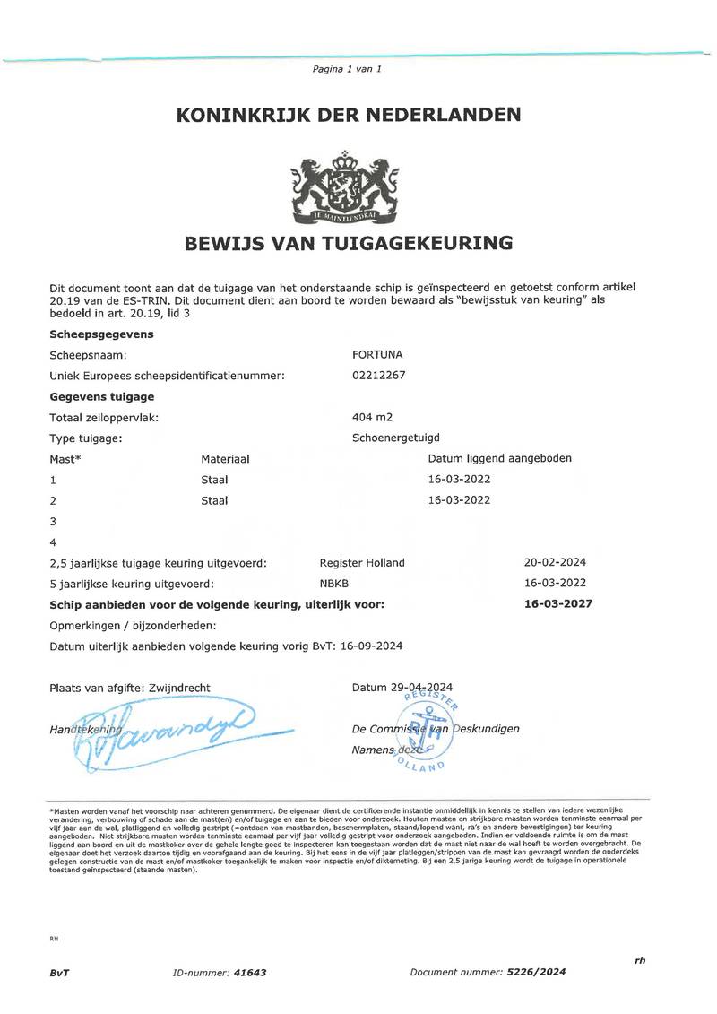 Fortuna - Mast en tuig certificaat