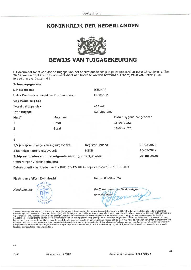 Iselmar - Mast en tuig certificaat