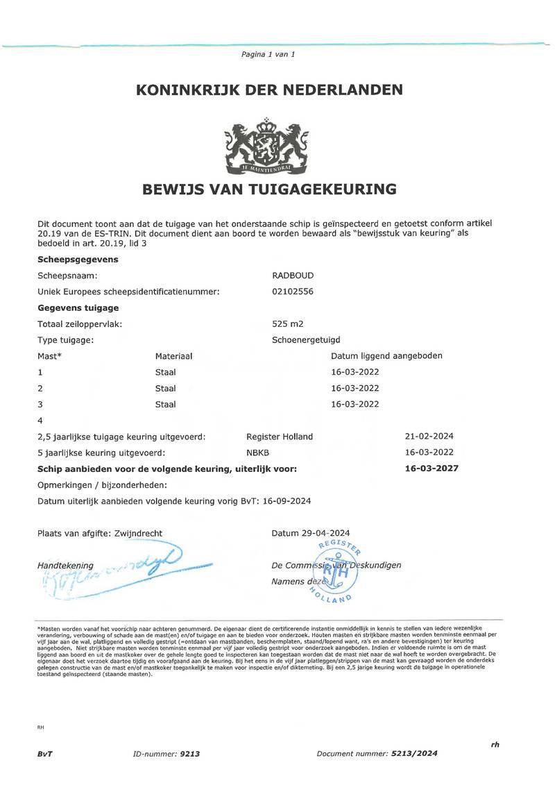 Radboud - Mast en tuig certificaat