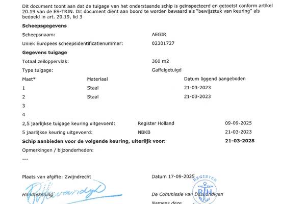 Aegir - Mast en tuig certificaat