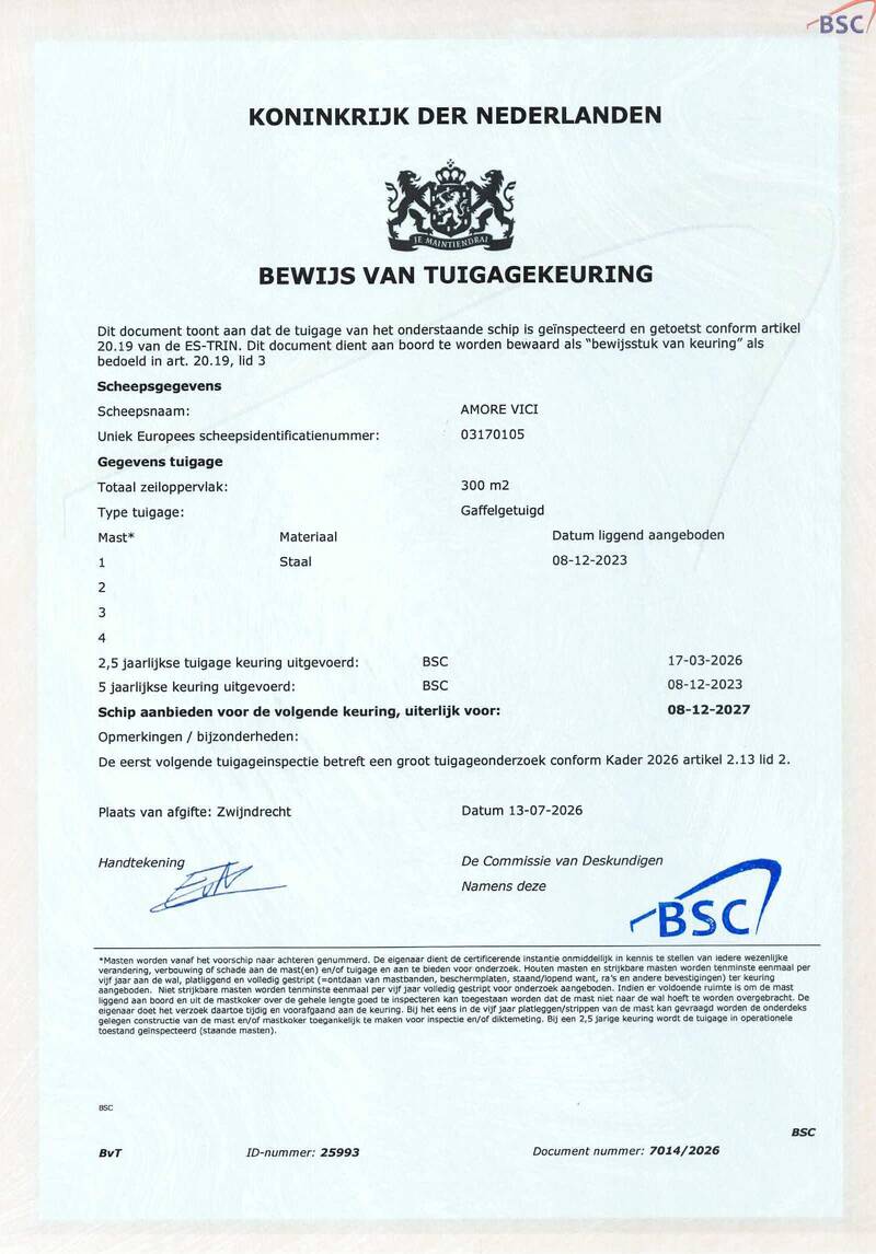 Amore Vici  - Mast en tuig certificaat
